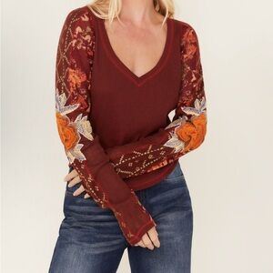 Free People Amara Embroidered Floral Print Long Sleeve Top Size Small